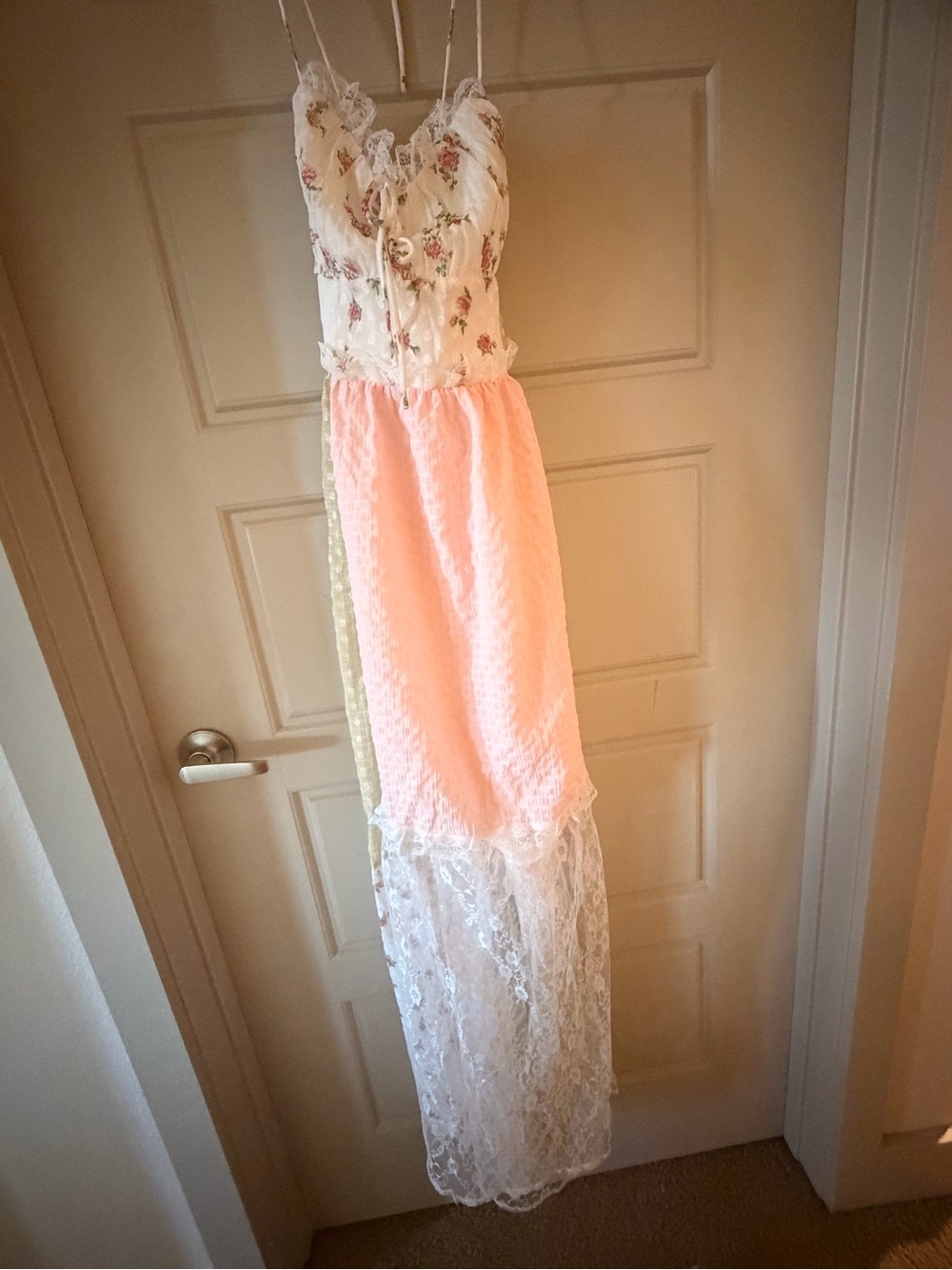 Floral Lace Maxi Slip Dress in Cream and Blush Pink